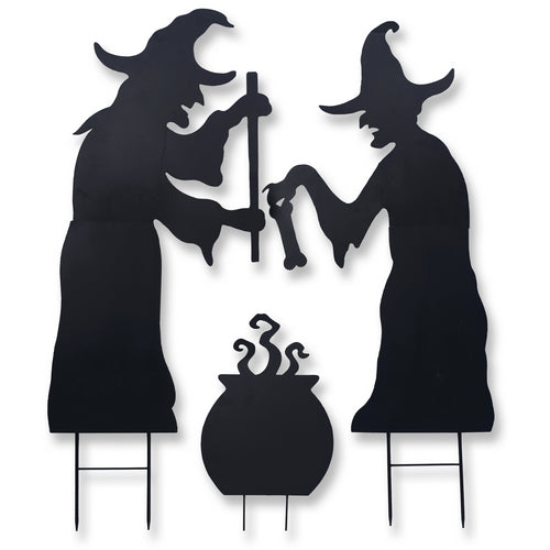 Stake Statuary Witches w Caludron Set